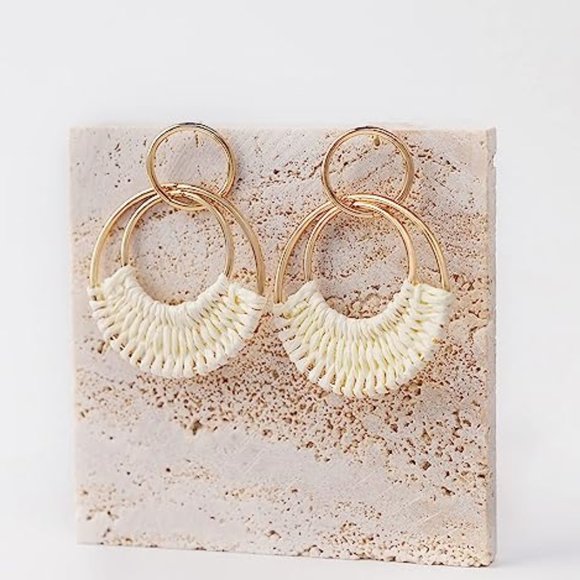 White Woven Raffia Gold Hoop Earrings Wicker Hoops Links Post Summer Style New - Picture 3 of 6
